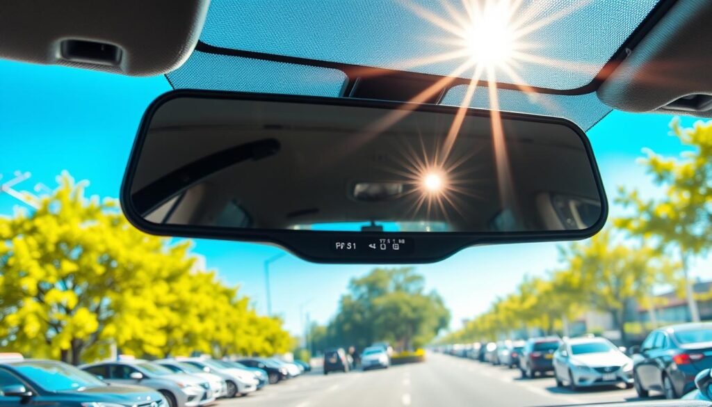 A modern electronic rearview mirror mounted inside a car, reflecting a bright, sunny day in a bustling outdoor parking lot in Taiwan. The foreground features the sleek design of the rearview mirror, showcasing advanced technology and a digital display. In the middle, the car is parked under direct sunlight, with visible heat waves shimmering in the air, emphasizing the outdoor summer conditions. In the background, green trees and other parked cars provide context, while the bright blue sky contrasts with the heat radiating from the asphalt. The lighting is vibrant and natural, highlighting the mirror's features and the challenging summer environment, creating a sense of innovation and focus on safety.