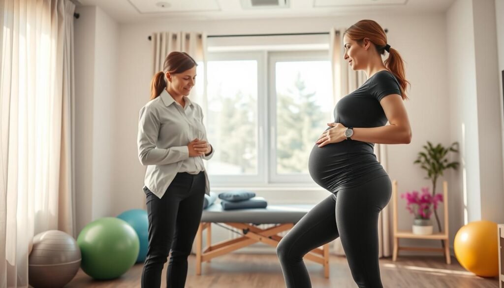 A serene and calming clinic interior focused on women's health, featuring a well-lit physiotherapy room. In the foreground, a professional physiotherapist dressed in smart casual attire demonstrates a pelvic stability exercise with a prenatal client, who is wearing modest activewear. Both figures exude a sense of professionalism and trust. The middle ground includes therapy equipment such as exercise balls, resistance bands, and a treatment table, all arranged neatly. In the background, soft natural light filters through large windows adorned with light curtains, creating a warm and inviting atmosphere. The overall mood is one of support and empowerment, emphasizing the importance of specialized care in managing severe prenatal pelvic girdle instability.