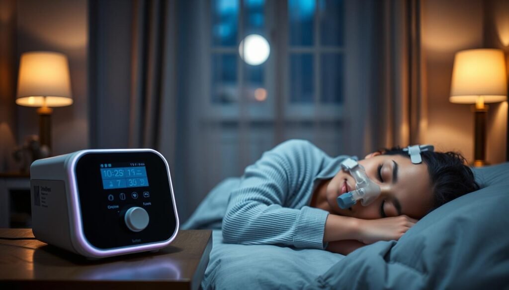 A serene bedroom scene at night, featuring a modern sleep apnea machine on a bedside table, with a soft glow emanating from its display. In the foreground, a peaceful sleeping person in comfortable pajamas, lying on their side, wearing a nasal mask connected to the machine. The middle ground showcases dimly lit bedside lamps and a calming atmosphere with muted colors, including blues and soft grays, to evoke relaxation. In the background, a window with light curtains filtering in moonlight, enhancing the tranquility of the space. The overall mood is peaceful and restorative, emphasizing the benefits of the sleep machine in improving sleep quality. The image should have soft, natural lighting to create a comforting ambiance.