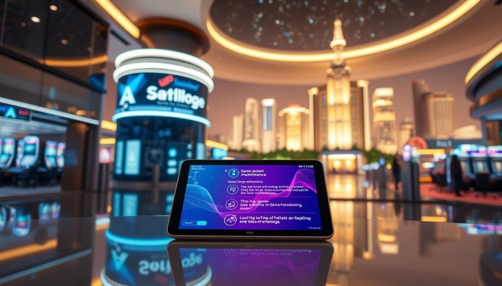 A sleek and modern digital interface showcasing the real-time information broadcasting feature of UG Entertainment City. In the foreground, a high-tech tablet with a vibrant display, showing live updates about game system maintenance and alternate entertainment options. The middle section features a sophisticated gaming lobby with stylish, illuminated signage guiding players seamlessly to other areas. In the background, a futuristic city skyline glows under a starry night sky, casting a warm glow about the scene. The atmosphere is dynamic yet calm, reflecting a professional ambiance. Soft, ambient lighting highlights the interface’s sleek design, with a wide-angle shot that evokes a sense of connectivity and innovation.