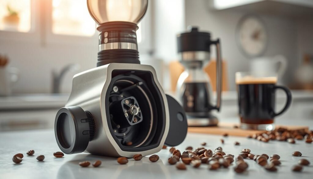 A close-up view of a sleek, modern coffee grinder, partially disassembled to reveal its intricate inner mechanisms. The grinder, made of stainless steel and matte black plastic, is set on a clean, well-lit kitchen countertop adorned with a few scattered coffee beans. In the background, a blurred coffee-making setup showcases a steaming cup of freshly brewed coffee, emphasizing the connection between cleanliness and flavor. Soft, natural daylight pours in through a window, casting gentle shadows and highlighting the shiny surfaces of the grinder. The atmosphere conveys a sense of care and precision, underscoring the importance of maintaining cleanliness for optimal coffee flavor. The composition is inviting, focused, and professional.