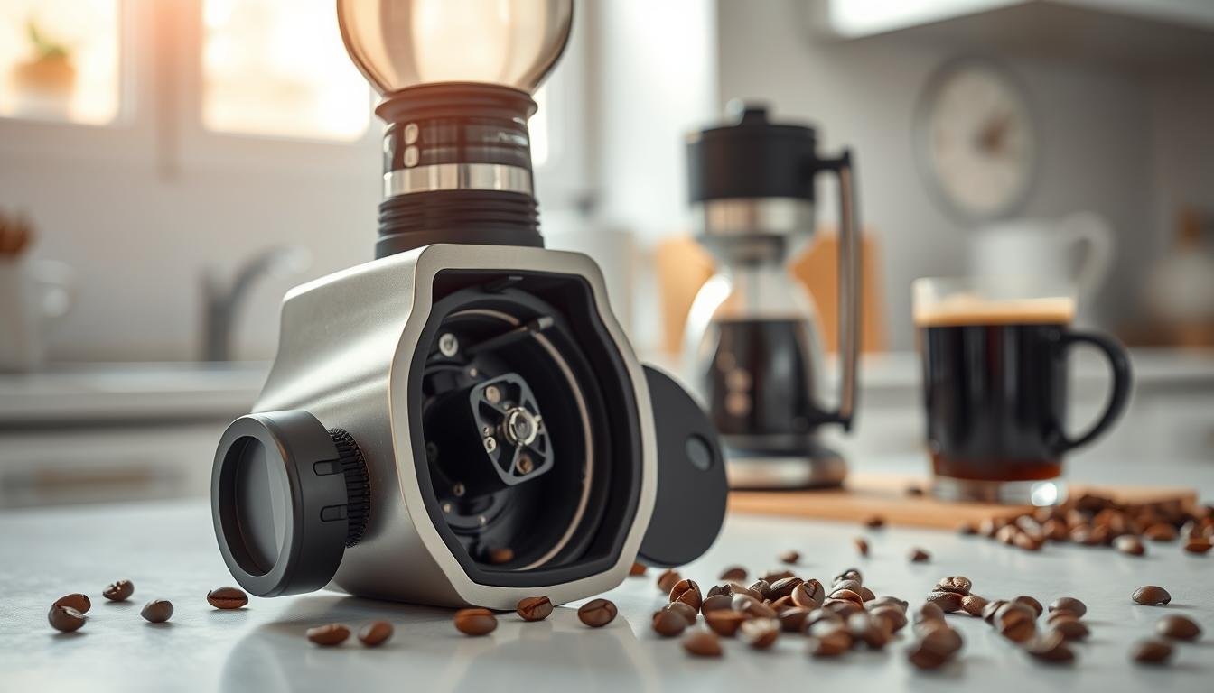 A close-up view of a sleek, modern coffee grinder, partially disassembled to reveal its intricate inner mechanisms. The grinder, made of stainless steel and matte black plastic, is set on a clean, well-lit kitchen countertop adorned with a few scattered coffee beans. In the background, a blurred coffee-making setup showcases a steaming cup of freshly brewed coffee, emphasizing the connection between cleanliness and flavor. Soft, natural daylight pours in through a window, casting gentle shadows and highlighting the shiny surfaces of the grinder. The atmosphere conveys a sense of care and precision, underscoring the importance of maintaining cleanliness for optimal coffee flavor. The composition is inviting, focused, and professional.