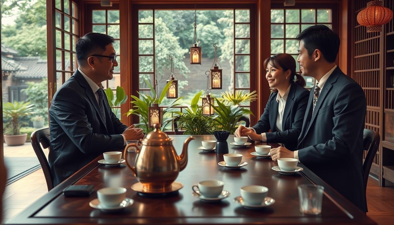 A cozy tea service scene set in a beautifully decorated tea room in Taichung, Taiwan. In the foreground, a elegantly set wooden table with a traditional teapot and delicate tea cups. Two couples, dressed in professional business attire, are engaged in warm conversation, enjoying the intimate atmosphere. In the middle, lush green plants and decorative lanterns add to the inviting environment, illuminated by soft, warm lighting that creates a cinematic vibe. In the background, large windows open to a tranquil garden, enhancing the serene ambiance. The composition should evoke feelings of relaxation and connection, encapsulating the advantages of the tailored tea service experience. The image should be in a 4:3 aspect ratio, emphasizing warmth and hospitality.