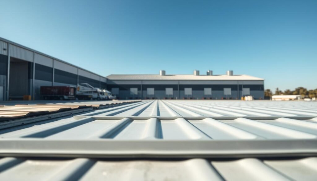 A detailed view of flat roofing sheets displayed prominently in the foreground, showcasing various materials such as metal, rubber, and fiberglass. The middle ground features a commercial warehouse with a modern architectural design, highlighting the sloped roof and large ventilation systems. In the background, a clear blue sky accentuates the roofing sheets, casting soft natural light that creates gentle shadows, providing a sense of depth. The scene conveys a professional and reliable atmosphere, emphasizing the importance of choosing the right materials for commercial buildings. The image is captured with a wide-angle lens to include a broad perspective of the warehouse and roofing materials, ensuring clarity and detail throughout.
