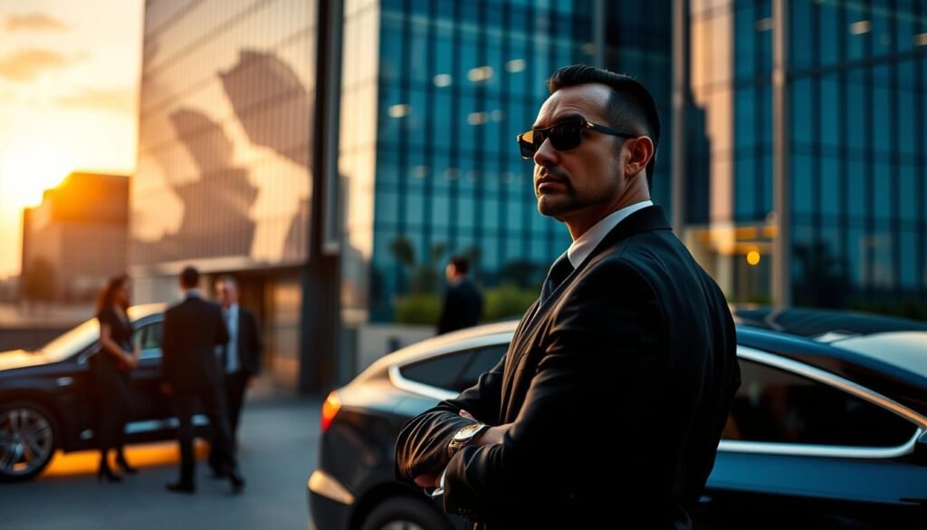 A professional bodyguard service scene featuring a well-dressed security team in sharp black suits, positioned strategically around a luxury car. In the foreground, a confident bodyguard surveys the surroundings, his demeanor exuding vigilance and readiness. The middle ground includes a blurred view of high-end clientele entering a modern corporate building, emphasizing exclusivity and elegance. The background displays a sleek urban environment with glass skyscrapers reflecting a sunset, casting a warm glow. The scene is illuminated by soft, dramatic lighting to create an atmosphere of sophistication and security. The overall mood conveys trust, professionalism, and the essential role of bodyguard services for affluent individuals and entrepreneurs.