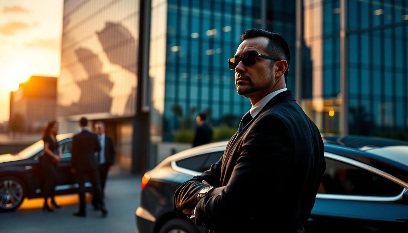 A professional bodyguard service scene featuring a well-dressed security team in sharp black suits, positioned strategically around a luxury car. In the foreground, a confident bodyguard surveys the surroundings, his demeanor exuding vigilance and readiness. The middle ground includes a blurred view of high-end clientele entering a modern corporate building, emphasizing exclusivity and elegance. The background displays a sleek urban environment with glass skyscrapers reflecting a sunset, casting a warm glow. The scene is illuminated by soft, dramatic lighting to create an atmosphere of sophistication and security. The overall mood conveys trust, professionalism, and the essential role of bodyguard services for affluent individuals and entrepreneurs.