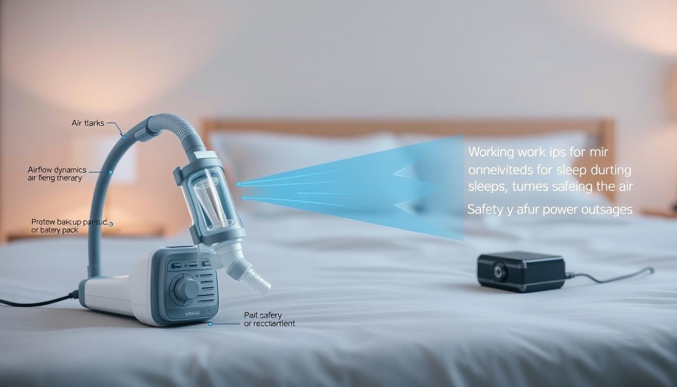 A detailed diagram illustrating the working principle of a CPAP (Continuous Positive Airway Pressure) machine. In the foreground, show the CPAP device itself, with labeled components such as a mask, tubing, and control panel. In the middle, depict airflow dynamics with arrows and annotations showing how air is delivered to the user. The background should include a subtle outline of a bedroom setting to provide context, featuring a bedside table with a small backup power supply or battery pack. Use soft, ambient lighting to convey a calming atmosphere, with a slight focus on the device to highlight its importance in sleep therapy, emphasizing safety and reliability during power outages. The image should be professional and educational, without any text or additional elements.