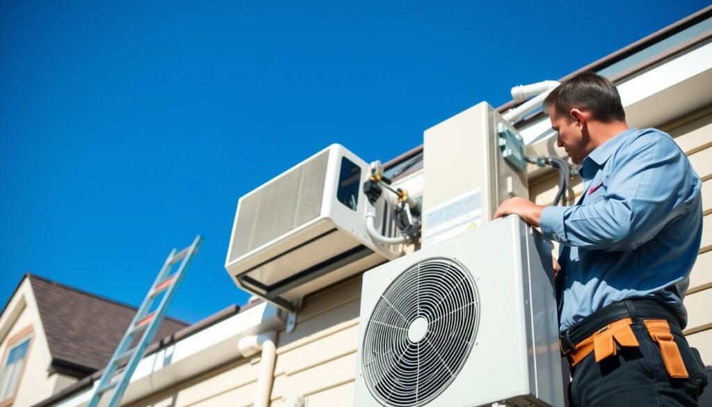 A detailed scene of a professional installation of a split air conditioning unit on a residential building. In the foreground, a skilled technician in a uniform is carefully connecting the indoor unit to the piping, demonstrating precision and expertise. The middle section shows a partially installed outdoor condenser unit, with tools and components scattered nearby. In the background, a clear blue sky provides natural lighting, enhancing the focus on the installation process. A ladder leans against the building, indicating the height of the work being done. The atmosphere is industrious yet calm, capturing a moment of teamwork and diligence in home climate control installation. The image should evoke a sense of professionalism and thoroughness, ideal for an informative article.