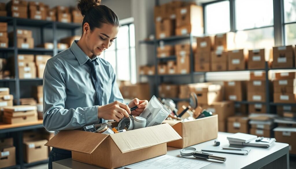 A professional setting depicting a "package inspection service" in the United States. In the foreground, a diligent staff member in professional attire is carefully unpacking a cardboard box filled with various items, examining each product thoughtfully. The middle ground features an organized workspace with a table and inspection tools like a magnifying glass and checklist. Bright, natural lighting streams in from a nearby window, illuminating the space and highlighting the detailed items. In the background, shelves are filled with neatly arranged packages, creating an atmosphere of order and efficiency. Overall, the scene conveys a sense of professionalism, attention to detail, and the importance of quality assurance in package verification.