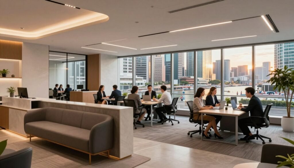 A modern office space for rent in Causeway Bay, showcasing Podium's rental offerings. In the foreground, a sleek, contemporary reception area with stylish furniture and a welcoming ambiance. The middle ground features a spacious, well-lit open-plan workspace filled with professional business people in smart attire collaborating over laptops, discussing plans, and engaging in meetings. In the background, large windows reveal the vibrant cityscape of Causeway Bay, with its distinctive buildings and bustling streets, bathed in warm afternoon light. The scene conveys a sense of productivity and innovation, with a clean and organized layout emphasized by soft, inviting lighting. The angle captures both the interior design and the lively urban environment outside, creating a harmonious blend of professional and dynamic elements. A modern office space for rent in Causeway Bay, showcasing Podium's rental offerings. In the foreground, a sleek, contemporary reception area with stylish furniture and a welcoming ambiance. The middle ground features a spacious, well-lit open-plan workspace filled with professional business people in smart attire collaborating over laptops, discussing plans, and engaging in meetings. In the background, large windows reveal the vibrant cityscape of Causeway Bay, with its distinctive buildings and bustling streets, bathed in warm afternoon light. The scene conveys a sense of productivity and innovation, with a clean and organized layout emphasized by soft, inviting lighting. The angle captures both the interior design and the lively urban environment outside, creating a harmonious blend of professional and dynamic elements.