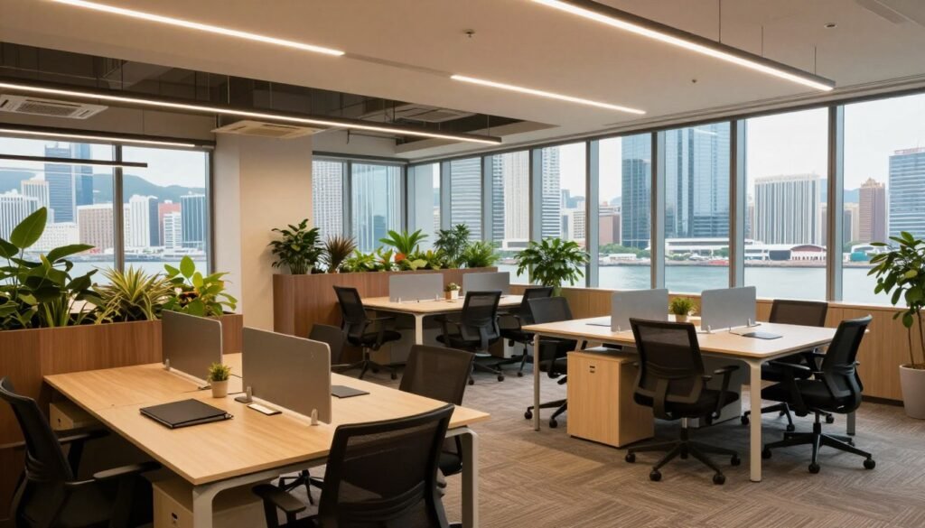 A modern office space in Causeway Bay, Hong Kong, showcasing a variety of rental options. In the foreground, sleek desks with stylish office chairs set up for a collaborative workspace, surrounded by plants for a touch of nature. In the middle, a flexible meeting area with large glass windows allowing natural light to pour in, revealing a bustling cityscape outside. The background features a modern skyline with high-rise buildings, symbolizing the vibrant business environment of Causeway Bay. The atmosphere is professional yet inviting, promoting productivity and creativity, with warm lighting illuminating the space. A contemporary aesthetic, focusing on a balance of comfort and functionality tailored for different business needs. A modern office space in Causeway Bay, Hong Kong, showcasing a variety of rental options. In the foreground, sleek desks with stylish office chairs set up for a collaborative workspace, surrounded by plants for a touch of nature. In the middle, a flexible meeting area with large glass windows allowing natural light to pour in, revealing a bustling cityscape outside. The background features a modern skyline with high-rise buildings, symbolizing the vibrant business environment of Causeway Bay. The atmosphere is professional yet inviting, promoting productivity and creativity, with warm lighting illuminating the space. A contemporary aesthetic, focusing on a balance of comfort and functionality tailored for different business needs.