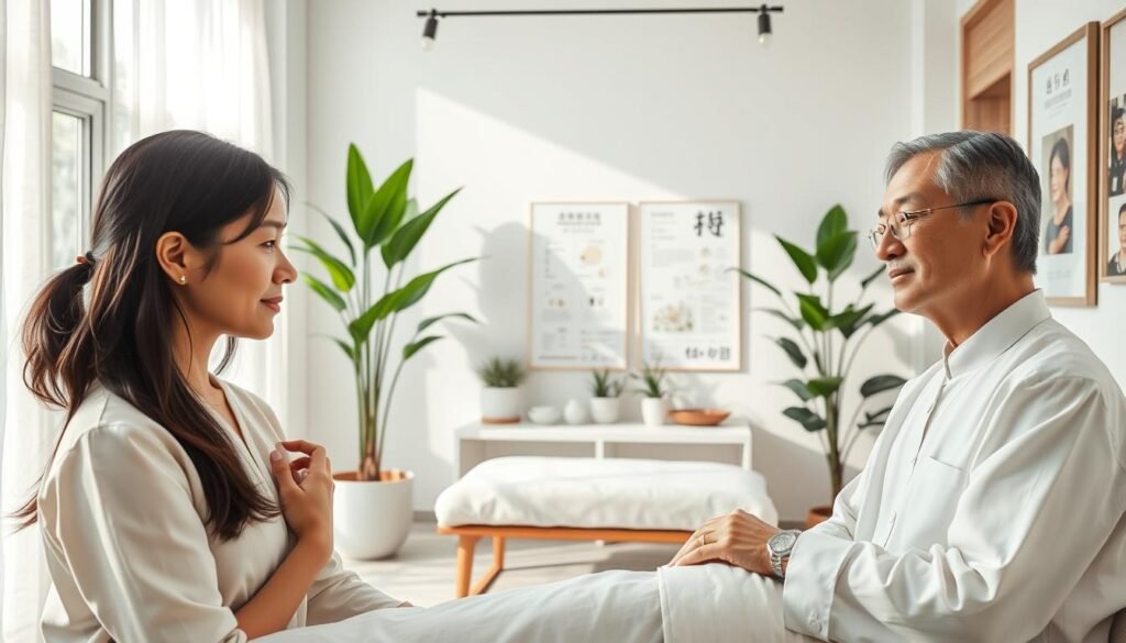 A peaceful, modern Traditional Chinese Medicine clinic setting, focusing on the pain management treatment plan. In the foreground, a serene practitioner in professional attire gently examines a patient, demonstrating compassionate care. The middle features an elegant treatment area with well-organized herbal remedies, acupuncture needles, and charts on Chinese medicine principles. In the background, soft natural light filters through large windows, illuminating calming green plants and minimalist decor that promotes a holistic atmosphere. The overall mood is tranquil and professional, emphasizing healing and personalized care. Capture the intricate details of the treatment environment, showcasing both the medical and holistic aspects of the pain treatment approach in Shatin.