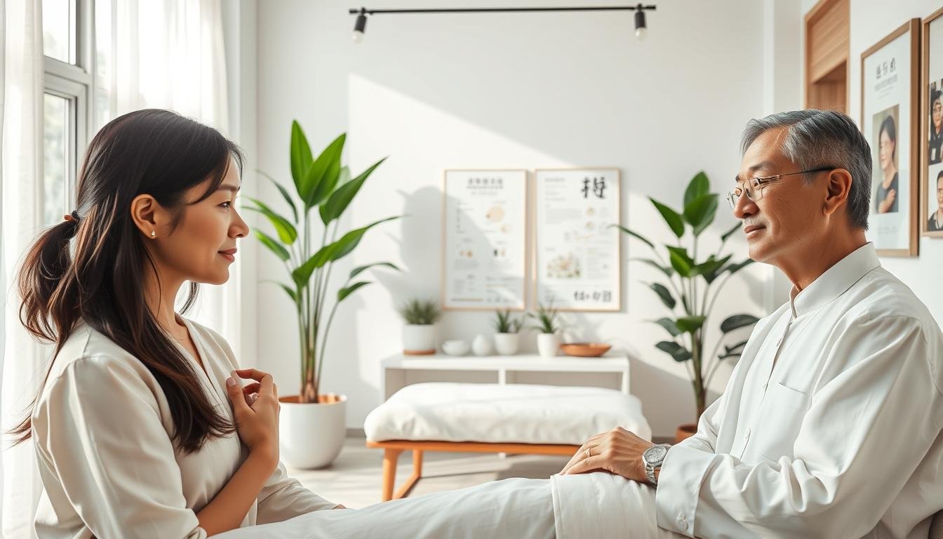 A peaceful, modern Traditional Chinese Medicine clinic setting, focusing on the pain management treatment plan. In the foreground, a serene practitioner in professional attire gently examines a patient, demonstrating compassionate care. The middle features an elegant treatment area with well-organized herbal remedies, acupuncture needles, and charts on Chinese medicine principles. In the background, soft natural light filters through large windows, illuminating calming green plants and minimalist decor that promotes a holistic atmosphere. The overall mood is tranquil and professional, emphasizing healing and personalized care. Capture the intricate details of the treatment environment, showcasing both the medical and holistic aspects of the pain treatment approach in Shatin.