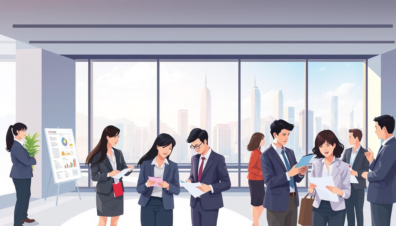 A detailed illustration portraying the application process for the Hong Kong Talent Scheme. In the foreground, a diverse group of professionals in smart business attire are engaged in discussions, reviewing documents, and interacting with digital devices. The middle layer features a sleek, modern office environment with visual elements like charts, application forms, and a large window showing a view of Hong Kong's skyline. The background showcases iconic Hong Kong architecture, symbolizing opportunity and innovation. Soft, natural lighting filters through the window, creating a bright and motivational atmosphere. The overall mood should convey professionalism, optimism, and the journey towards successful employment in Hong Kong.