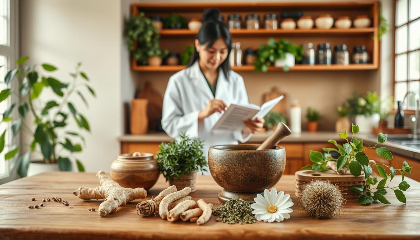 A serene, harmonious kitchen scene that showcases traditional Chinese medicine practices for eczema care. In the foreground, display a wooden table with various herbal ingredients like ginger, licorice root, and chrysanthemum neatly arranged. A set of traditional Chinese medicine tools, like a mortar and pestle, will be present, symbolizing preparation methods. In the middle, include a modestly dressed individual wearing a white lab coat, preparing a herbal remedy and examining a recipe for dietary suggestions. The background features a warm, softly lit environment with green plants and wooden shelves filled with jars of herbs, conveying a calming and natural atmosphere. The overall mood should evoke wellness, tranquility, and the nurturing aspect of traditional Chinese holistic practices. Use soft lighting to enhance the inviting feel of the kitchen setting.